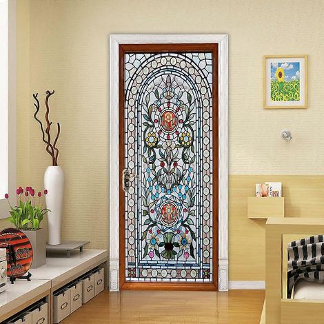 Porte en vitrail 3D à motif floral avec autocollant en PVC (1/5)