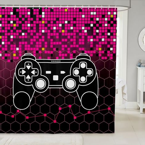 Rideau de Douche Gamer 180x200cm Enfant Garçon, Rideau de Bain Gaming, Rideau de Baignoire Gamepad pour Jeux Vidéo, Rideau Salle de Bain Géométrie Hexagonale Nid d'abeille, Rose Noir - 180L X 200H cm (1/5)
