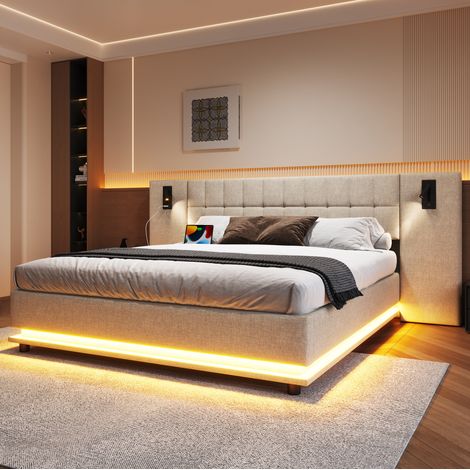 Polsterbett 180/200 cm beige aus Leinen mit LED-Leiste, Spot und USB (1/5)