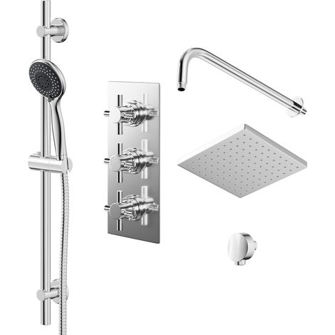 Cross Polished Chrome Triple Thermostatic Valve Mixer Shower with Square Fixed Head and Clyde Shower Slide Rail Kit - 2 Outlet (1/5)
