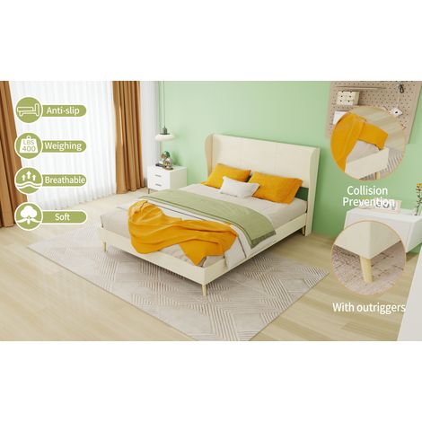 Lit tapissé 140/200 cm beige en tissu et métal à tête de lit rembourrée (1/5)