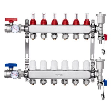 6-Zweig-Wärmeverteilungsverteiler, 1/2-Zoll-PEX-Rohrverteiler, Edelstahl-PEX-Verteiler für hydronische Fußbodenheizung, Wärmeverteilungs-PEX-Verteilersatz mit 1/2-Zoll-Adaptern im Lieferumfang enthalt (1/5)