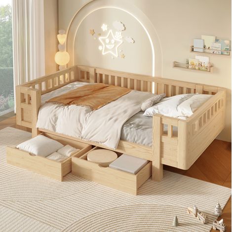 Kinderbett 90x200 cm Holz Natur Massivholz und MDF mit umlaufendem Schutzgitter und 2 Schubladen (1/5)