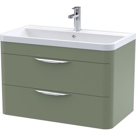 Nuie Parade Satin Green 800mm Wall Hung 2 Drawer Vanity Unit and Ceramic Basin - FPA805A (1/5)