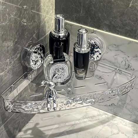 Coin ventouse argent transparent sans perçage rack de rangement mural salle de bain ventouse coin support douche ondulé étagère de rangement (1/5)