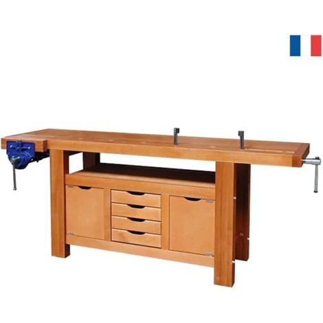 Outifrance – Établi bois menuisier professionnel 2m – Plateau multiplis 70mm – Caisson avec 4 tiroirs – Presse automatique à serrage rapide (1/2)