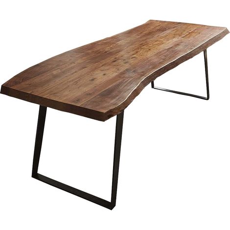 Esstisch Baumkante Akazie nussbaum 220 x 100 schräges U-Gestell schwarz HALMSTAD (1/5)