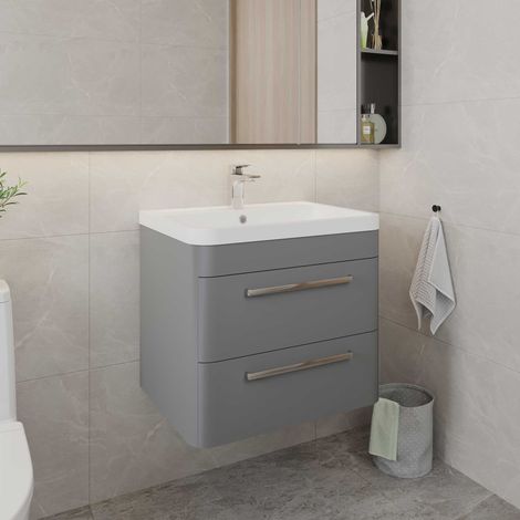 Hudson Reed Solar Matt Cool Grey 600mm Wall Hung 2 Drawer Vanity Unit and Polymarble Basin - SOL202 (1/5)