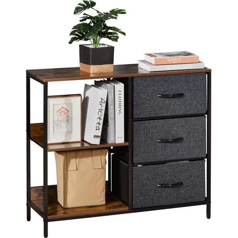 Commode étroite  en tissu, avec 3 tiroirs pliants, 2 étagères ouvertes et un large plateau, idéale pour la chambre, le salon ou l'entrée, coloris marron rustique et gris foncé.