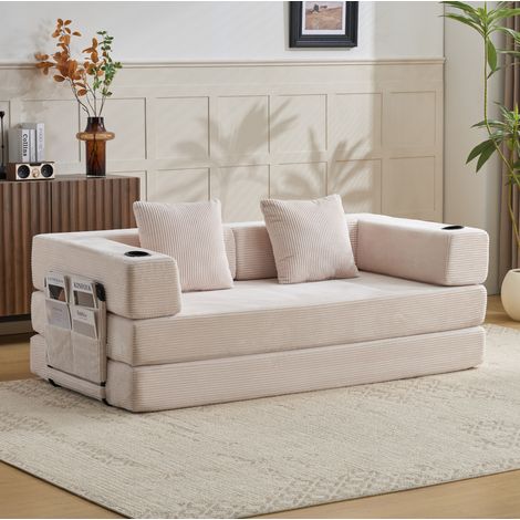 Sofá cama plegable convertible con reposabrazos retráctiles, portavasos y bolsillo lateral, pana - blanco (1/5)