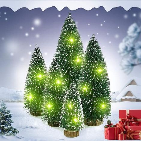 Lot de 5 mini sapins de Noël en cèdre, sapins artificiels en forme de goupillon, avec socles en bois et guirlande lumineuse LED. Décoration de table. (1/5)