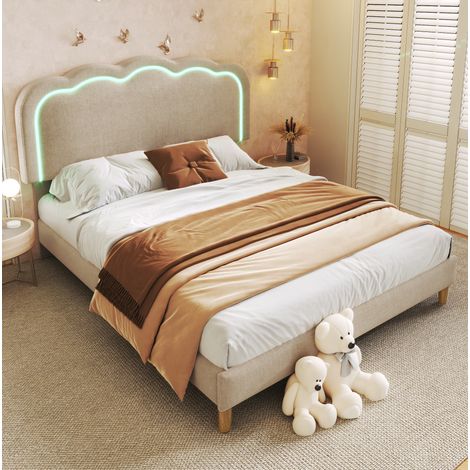 MEUBLIV Lit double LED rembourré 140 x 200 cm avec tête de lit réglable en forme de coussin beige en lin (1/5)
