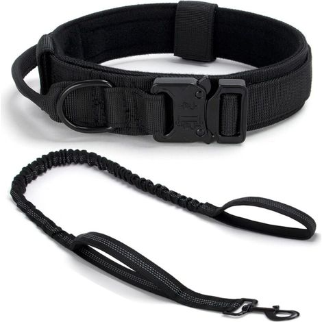 Collier de Chien Tactique Réglable avec Poignée et Boucle en Métal, Ensemble Collier et Laisse pour Chiens Moyens et Grands, Noir XL (1/5)