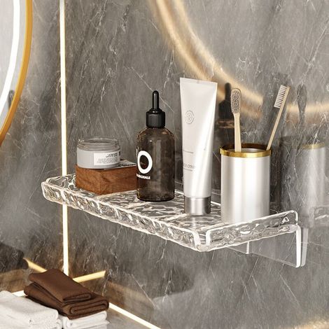 Étagère de rangement pour salle de bain en acrylique ondulé avec système d'égouttage, sans perçage, fixation murale, organisateur de cosmétiques, incluant de la nano viscose (1/5)