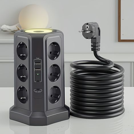 Multiprise Multi-fonction EU – 12 Prises, USB-A/C PD 20W. Modèle (Noir). (1/5)