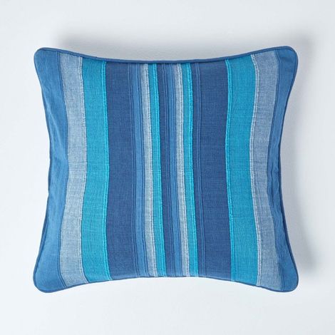 HOMESCAPES Cotton Striped Blue Cushion Cover Morocco, 60 x 60 cm