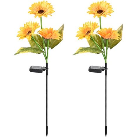 Lot de 2 lampes solaires tournesol, fleur LED jaune, piquet jardin, décoration extérieure pour pelouse et allée (1/5)