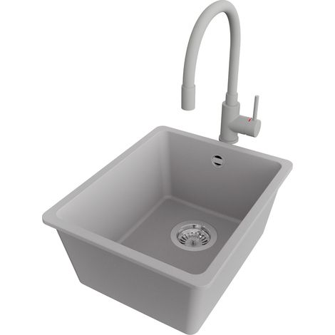 PRIMAGRAN Evier Sous Plan 36x44cm,Evier en Granit 1 bac + Robinet 38x14cm + Kit de Vidage, Évier au meuble 40cm - Venise Easy, Gris (1/5)