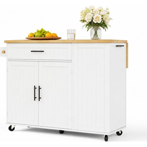 Îlot de cuisine à roulettes avec plateau rabattable, rangement fermé, tiroir et compartiment poubelle, blanc MDF, CHICFURN (1/5)
