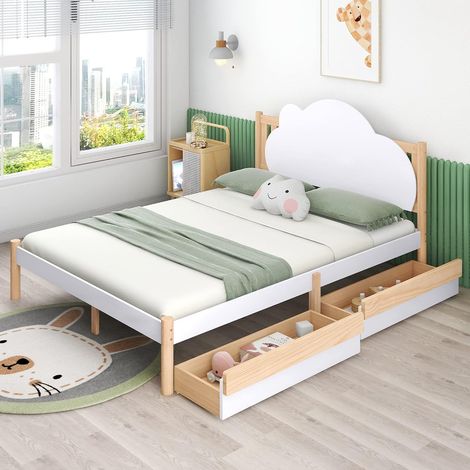 White solid pine storage bed with drawers for adult bedroom, bed frame for adults, children, teenagers - Double bed (135 x 190 cm) (1/5)
