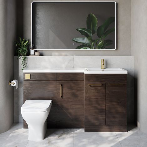 Napoli 390 Brown Oak 1500mm 3 Door Vanity Unit Toilet Suite with Right Hand Square Lucia Basin - 1500mm - Brushed Brass 160mm HandleWith Kingston Toilet Pan and Seat