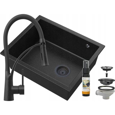 Évier en granit sous-plan Granitan Salix Noir avec Mitigeur Nexo Noir et Siphon Noir + Imprégnant GraniProtect 30 ml (1/5)