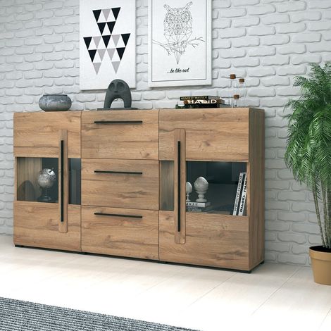 Buffet 180cm Kollektion BREDA mit zwei teilweise verglasten Türen und drei Schubladen. Farbe Eiche (1/4)