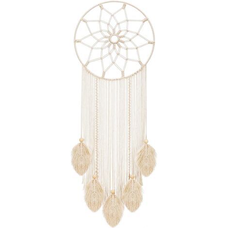 Attrape-rêves en macramé, grande décoration murale bohème, plumes tissées, attrape-rêves fait à la main, pompons décoratifs (1/5)