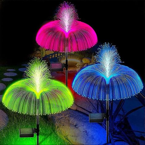 Lot de 2 lampes solaires de jardin en forme de méduse, LED à fibre optique 7 couleurs changeantes, étanches, pour décoration de chemin