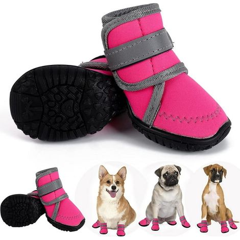 Bottes de protection pour chien, lot de 4 bottes imperméables, avec bande réfléchissante, semelle antidérapante et protège-griffes, convenant aux chiens de petite et moyenne taille (S, rose) (1/5)
