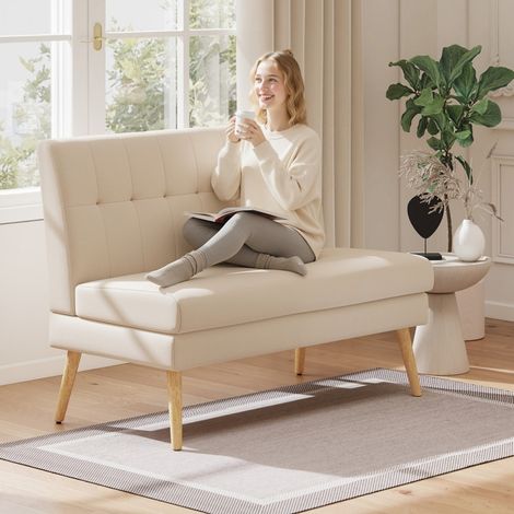 Divano 2 posti 118x68x90 cm beige in legno di caucciù con schienale trapuntato e seduta confortevole (1/3)
