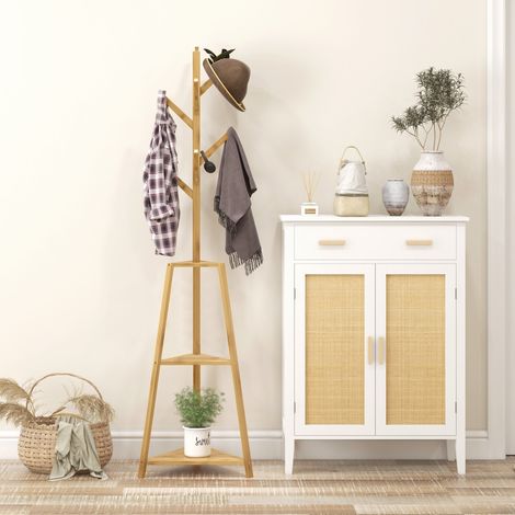 Rangement Portemanteau sur pied en bois bambou portant à vêtements 8 patères 3 étagères 46 x x 175 cm - naturel (1/4)