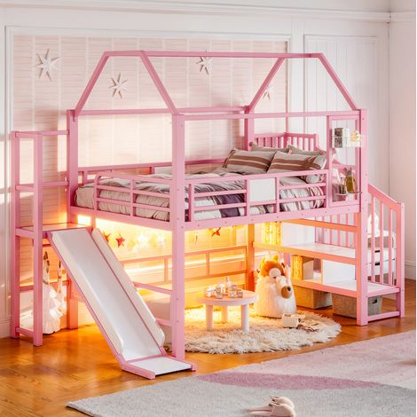 MODFU – Cama alta infantil 140x200 cm con tobogán, escalera de almacenaje, armario y LED Bluetooth – EN 747 – Rosa (1/5)