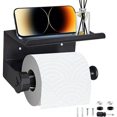 Porta carta igienica a parete con ripiano, porta rotolo di carta igienica adesivo per bagno, porta carta igienica a parete senza forare, porta carta igienica - Nero opaco (1/4)