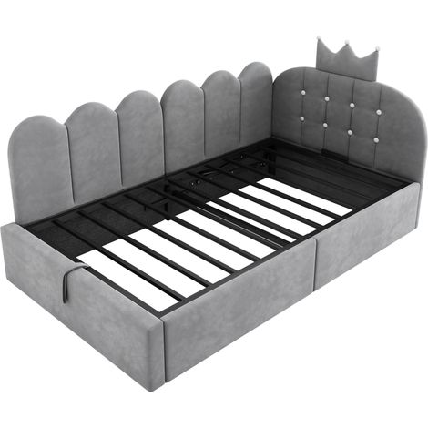 Cama diván tapizada 90 x 190 cm en terciopelo gris con almacenaje hidráulico HOMVRA (1/5)