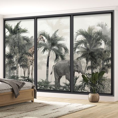 Papier peint panoramique Trompe l'oeil baie vitrée - Animaux de la jungle - 130 cm x 78 cm (1/5)