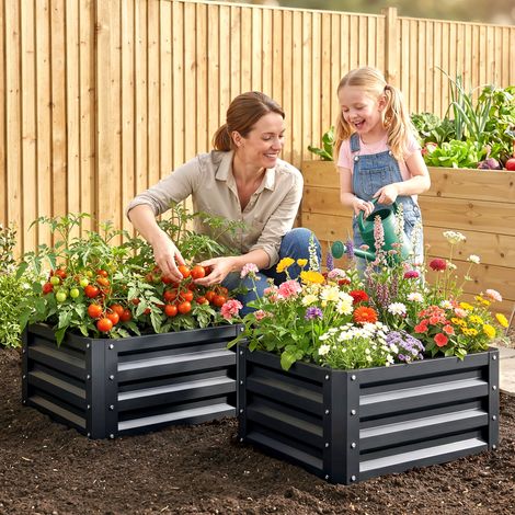 Lot de 2 jardinières surélevées, carre potager de jardin pour légumes, fleurs, acier galvanisé 60 x 60 x 30,5 cm, gris (1/5)