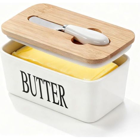 Boîte à beurre en céramique avec couvercle et couteau, boîte de rangement de cuisine de style européen (1/5)