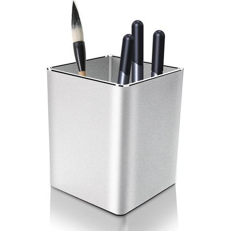 Metallener Stiftehalter für den Schreibtisch, Aluminium-Stiftehalter, quadratischer Stiftehalter (silber) (1/5)