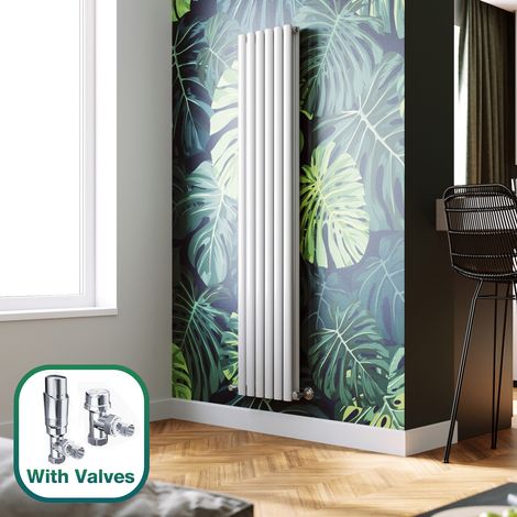 ELEGANT 1800 x 360 mm White Vertical Column Radiator Low Carbon Steel Radiator Double Oval Panel Designer Radiator + Chrome Thermostatic Radiator Valves (1/5)