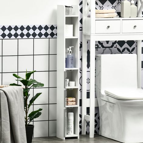 Colonne de rangement salle de bain 15x17x120cm, meuble haut en bois avec étagères et armoires, blanc et gris, gain de place