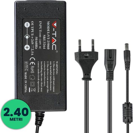 Alimentation pour bande LED V-TAC 60 W 24 V 2,5 A Plug&Play Jack 2.1 Câble 2,4 m avec prise IP44
