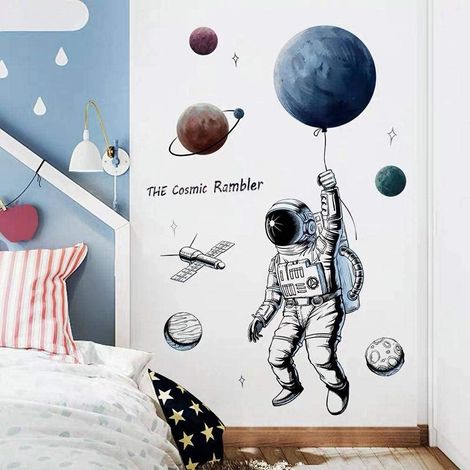 Grand stickers muraux ASTRONAUTE (122x122 cm) I Autocollant mural espace planète galaxie fusée lune I Déco murale chambre enfant bébé fille chambre ado garçon salle de jeux COOL (1/5)