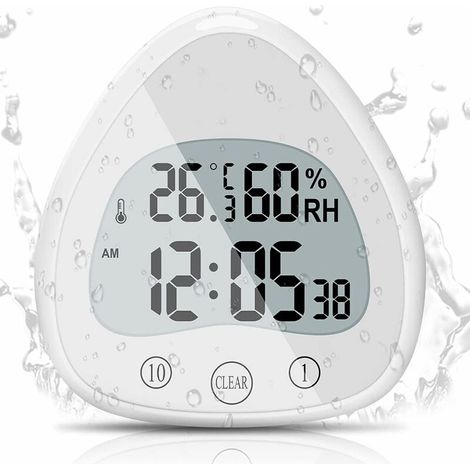 Badezimmeruhr, LCD-Digitalalarm mit wasserdichter Touch-Duschuhr, wasserdichte Timer-Thermometer-Tragbare Anzeigeuhr mit Saugnapf zum Kochen, Lernen, (1/5)
