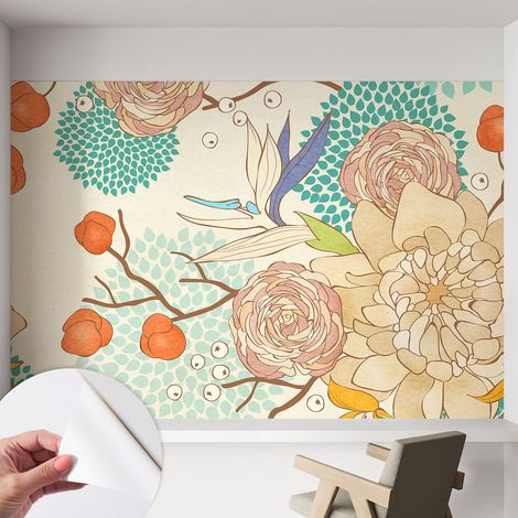 Papier peint adhésif autocollant pour salon chambre à coucher peint imprimé pour mur Fantaisie florale 152x104 cm (1/5)