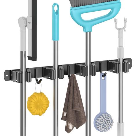 1 Porte-balais Mural, 4 Supports Caoutchouc, 3 Crochets Acier, Outils Jardin Garage Salle De Bain (1/5)