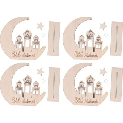 Lot 4 Plaques Bois Eid Mubarak, Ornement Déco Ramadan, Pendentif Exquis Détail, Décoration Maison, Bricolage Créatif (1/5)