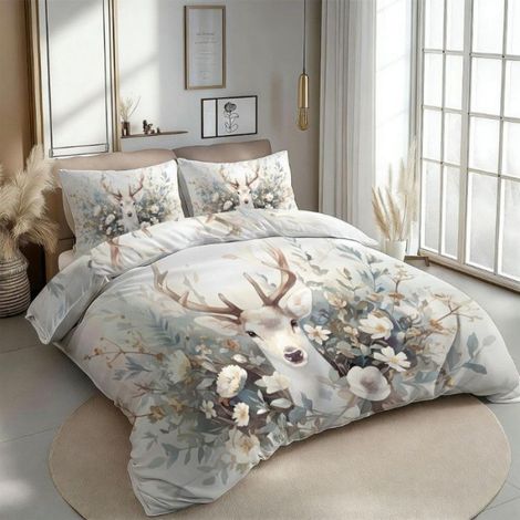 Housse De Couette - 200x200cm - Imprimé 3D Cerf - Microfibre - Lit 2 Personnes - Parure 3 Pièces (1/5)