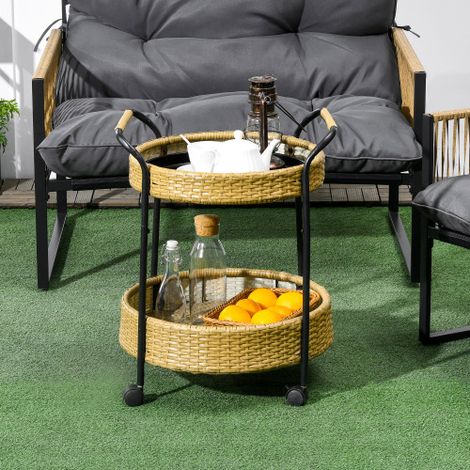 Chariot de service — Desserte à deux niveaux en rotin tressé, Chariot de jardin sur roulettes, Desserte de cuisine ronde avec poignée, Bar roulant d'extérieur — Finition bois naturel