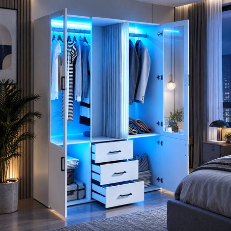 JOOKGBD-Armadio con LED,2 Ante in Vetro,Specchio Centrale,3 Cassetti e 2 Ante Laterali,Guardaroba Integrato con Asta,Mobile da Giorno per Camera,Illuminazione Integrata,Bianco (1/5)